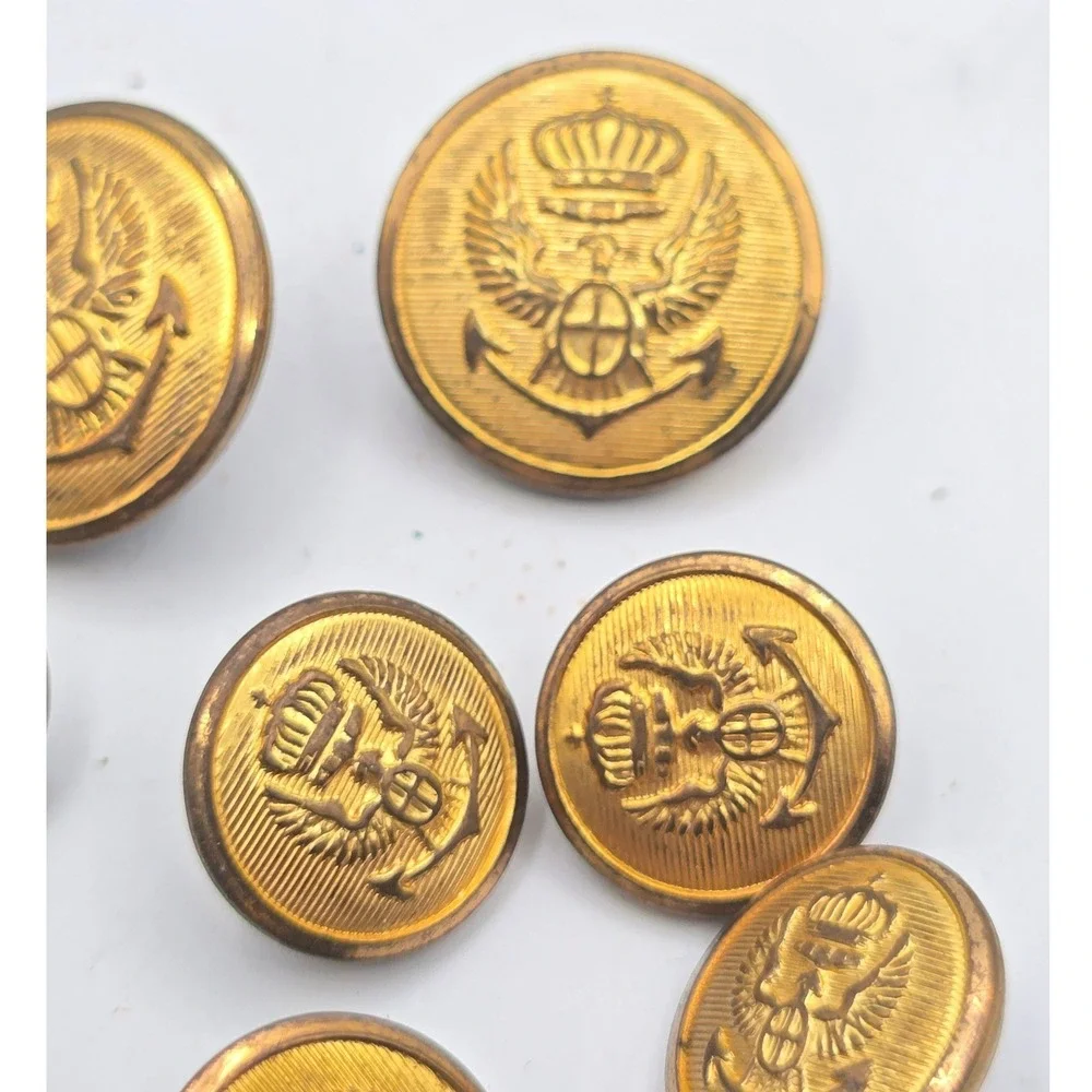 Vintage Brass Nautical Blazer Button Set 8 Gold Tone Crown Eagle Anchor Shank